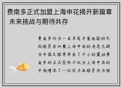 费南多正式加盟上海申花揭开新篇章 未来挑战与期待共存