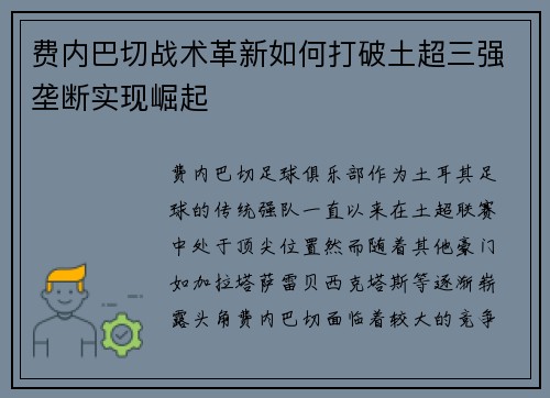 费内巴切战术革新如何打破土超三强垄断实现崛起