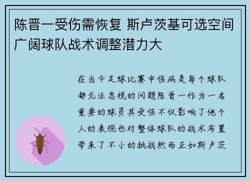 陈晋一受伤需恢复 斯卢茨基可选空间广阔球队战术调整潜力大